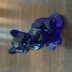 Handpainted Fenton cobalt blue cat